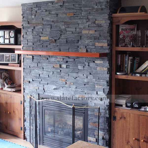 Charcoal Rust Stacked  Stone Veneers Fireplace Surround