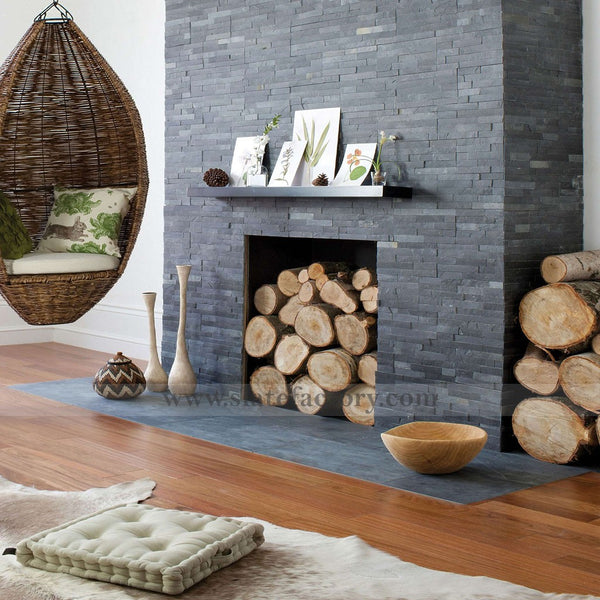 Charcoal Stacked Stone Veneer Fireplace Surround
