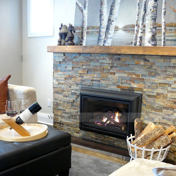 gold rush ledger panels fireplace surround