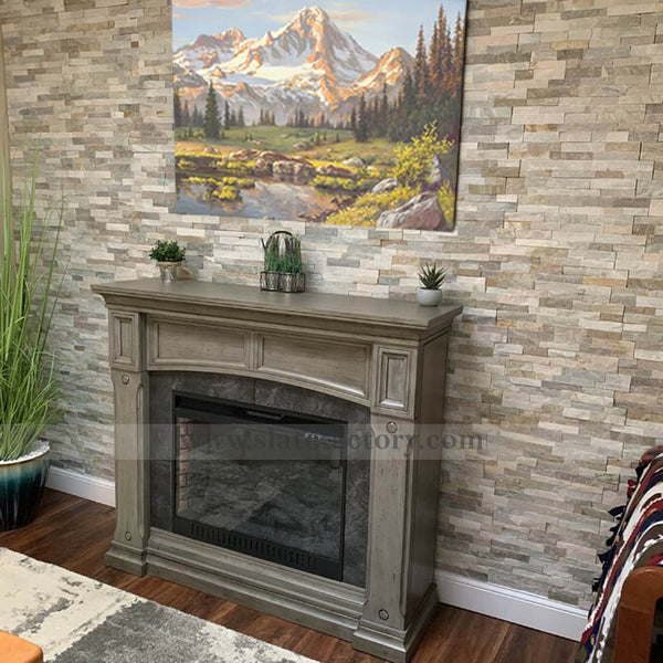 golden honey ledger stone veneer firepalce facade