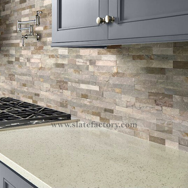 golden honey stacked stone veneer backsplash