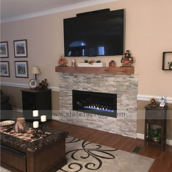 golden honey stacked stone veneer tv wall