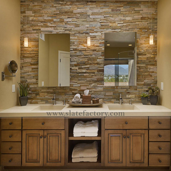 golden white ledger stone veneer vanity backsplash