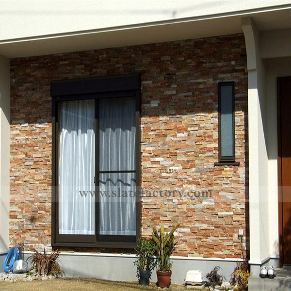 golden white stacked stone veneer exterior wall