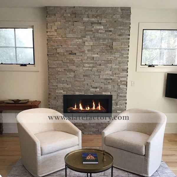 Silver Gray Ledger Stone Veneer Fireplace Facade