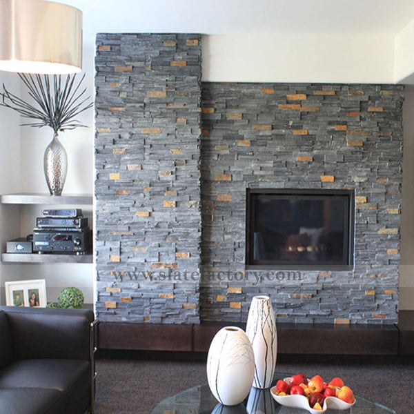 Charcoal Rust Stacked Stone Panel Fireplace Surround