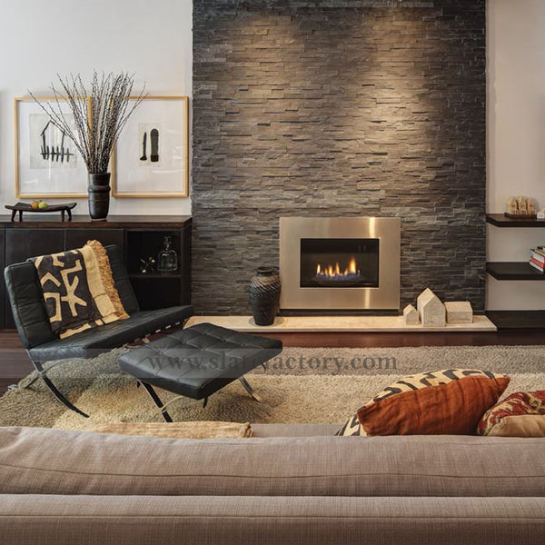 Charcoal Slate Ledger Stone Panels Fireplace Around